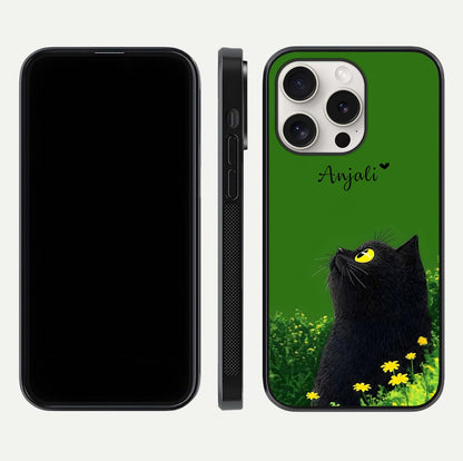 Emerald Cat Custom Name Glass Case for iPhone 15 Pro Max dual-view layout displaying artistic tones and smooth curves