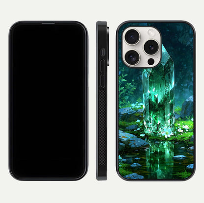 Emerald Light Crystal Glass Case for iPhone 15 Pro Max dual-view layout displaying gem-like tones and polished edge
