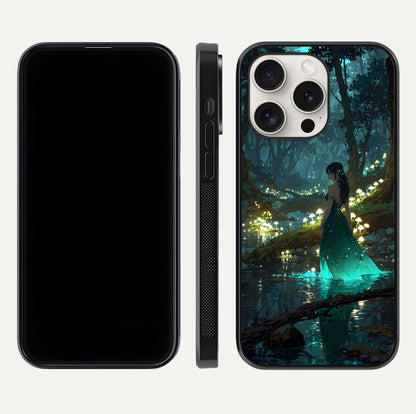 Enchanted Forest Glow Glass Case for iPhone 15 Pro Max dual-view layout displaying green tones and smooth glass