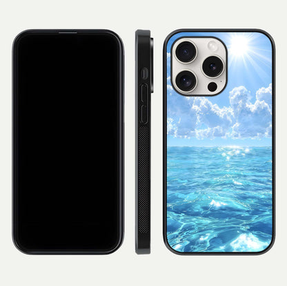 Endless Ocean Horizon Glass Case for iPhone 15 Pro Max dual-view layout displaying calm seascape and curved edges