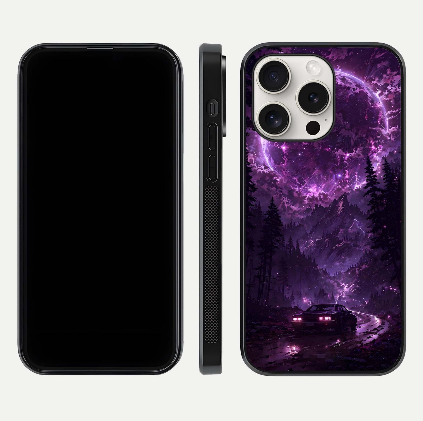Eternal Cosmic Drive Glass Case for iPhone 15 Pro Max dual-view layout displaying outer-space tones and curved finish