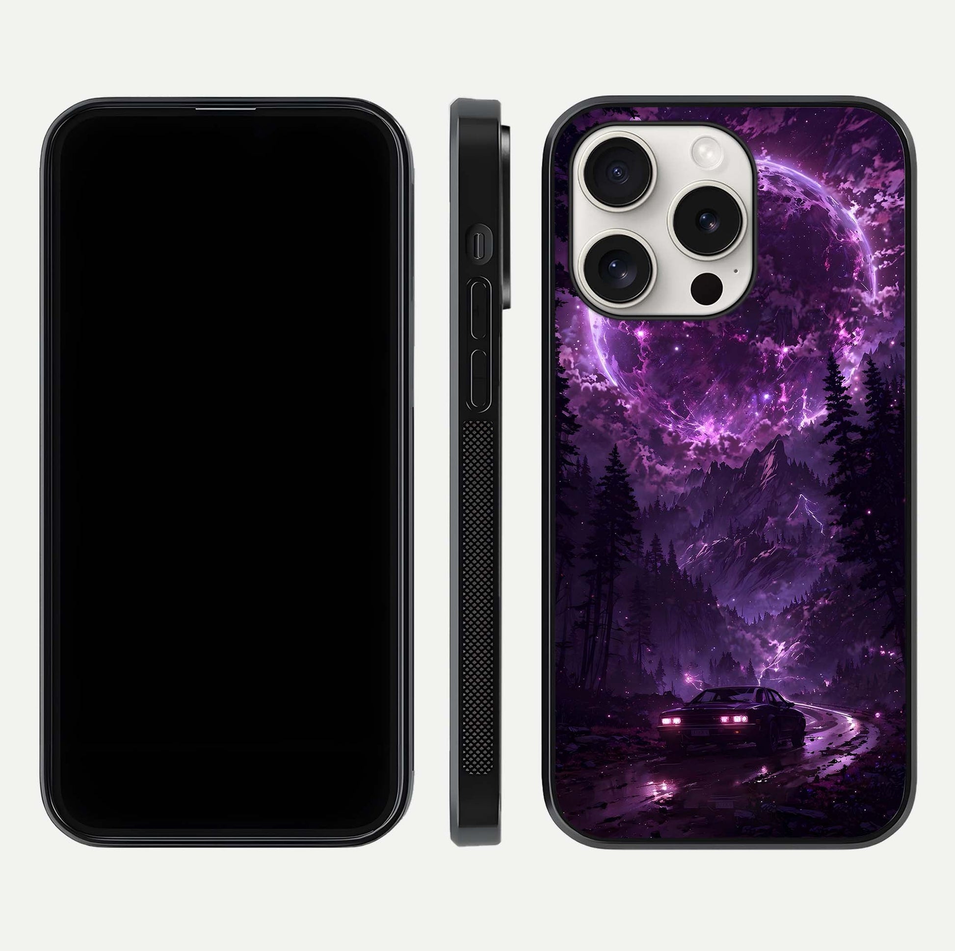 Eternal Cosmic Drive Glass Case for iPhone 15 Pro Max dual-view layout displaying outer-space tones and curved finish