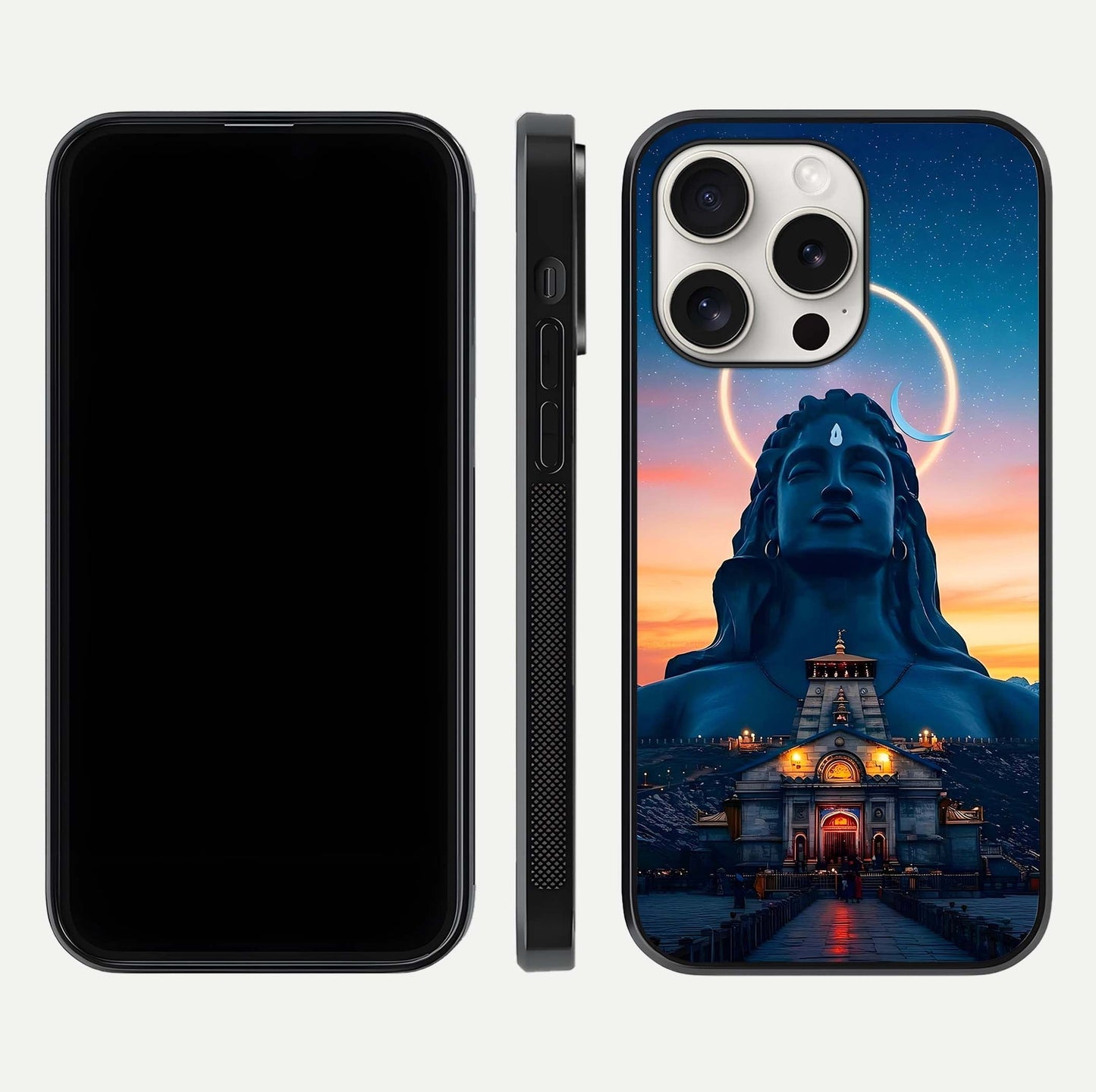 Eternal Shiva Aura Glass Case for iPhone 15 Pro Max dual-view layout displaying HD deity print and smooth edge
