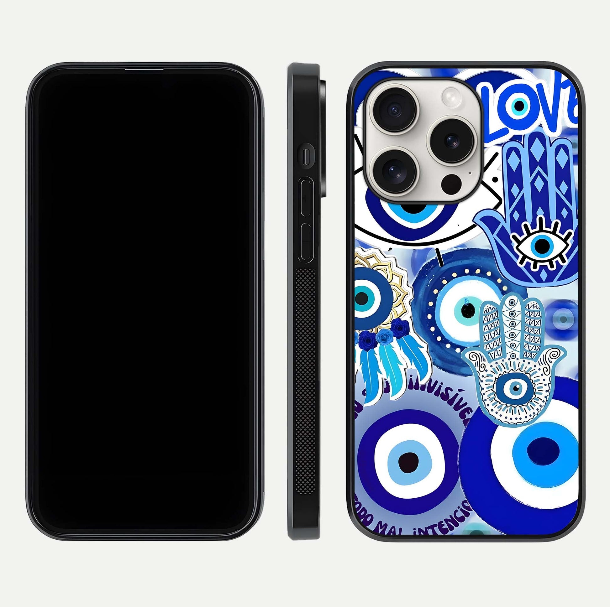 Evil Eyes Dream Glass Case for iPhone 15 Pro Max dual-view layout displaying spiritual motif and polished curved edge