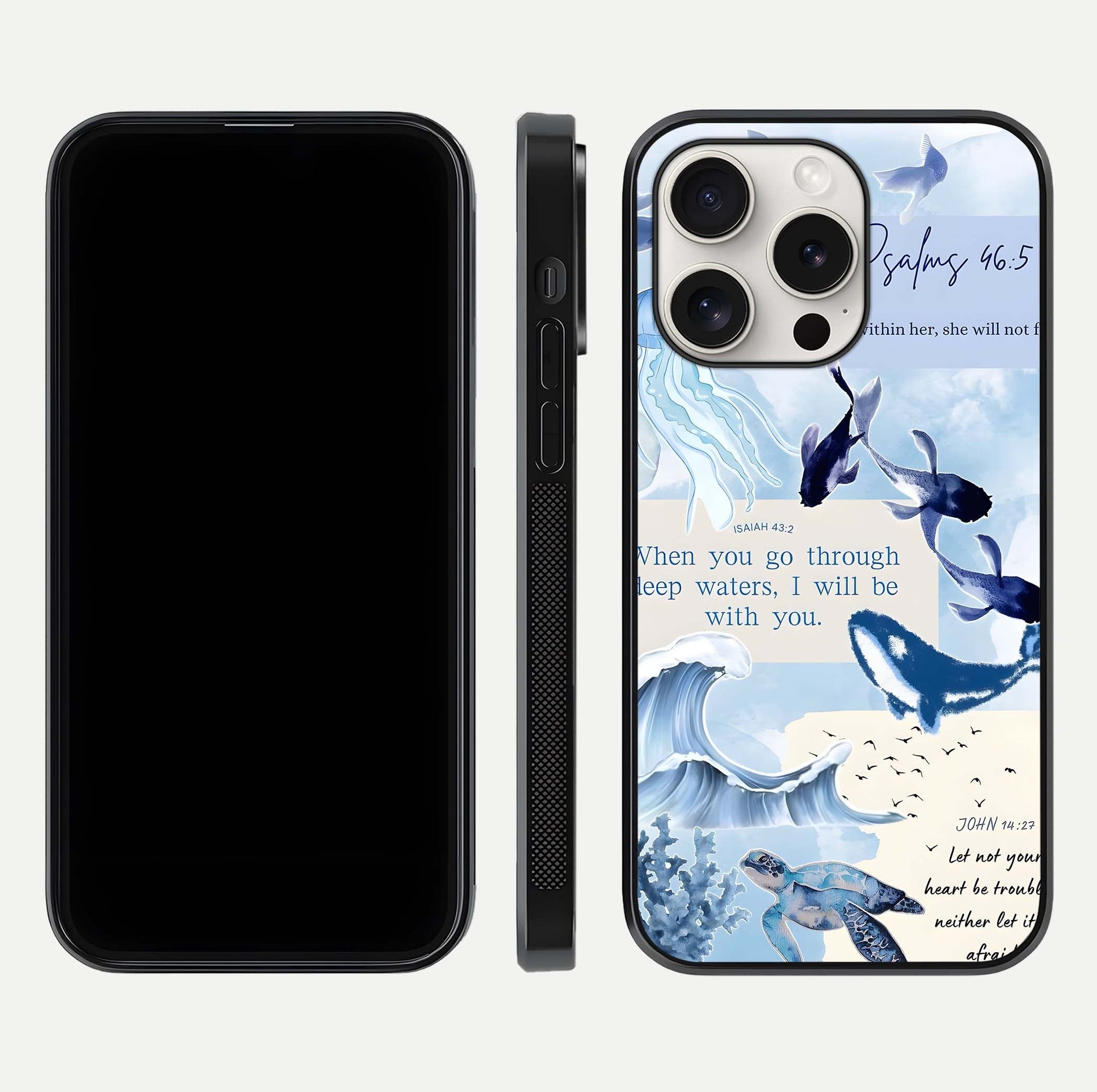 Faithful Ocean Promise Glass Case for iPhone 15 Pro Max dual-view layout showing sea horizon art and curved polish
