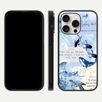 Faithful Ocean Promise Glass Case for iPhone 15 Pro Max dual-view layout showing sea horizon art and curved polish