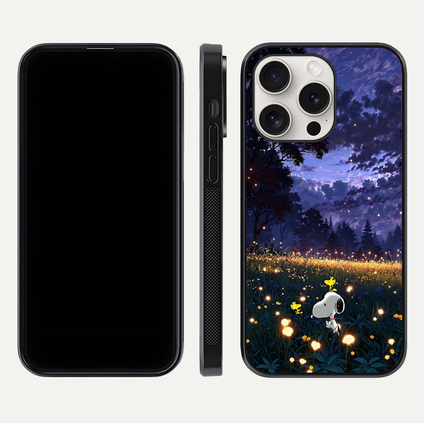 Firefly Meadow Magic Glass Case for iPhone 15 Pro Max dual-view layout displaying enchanting tones and curved edges