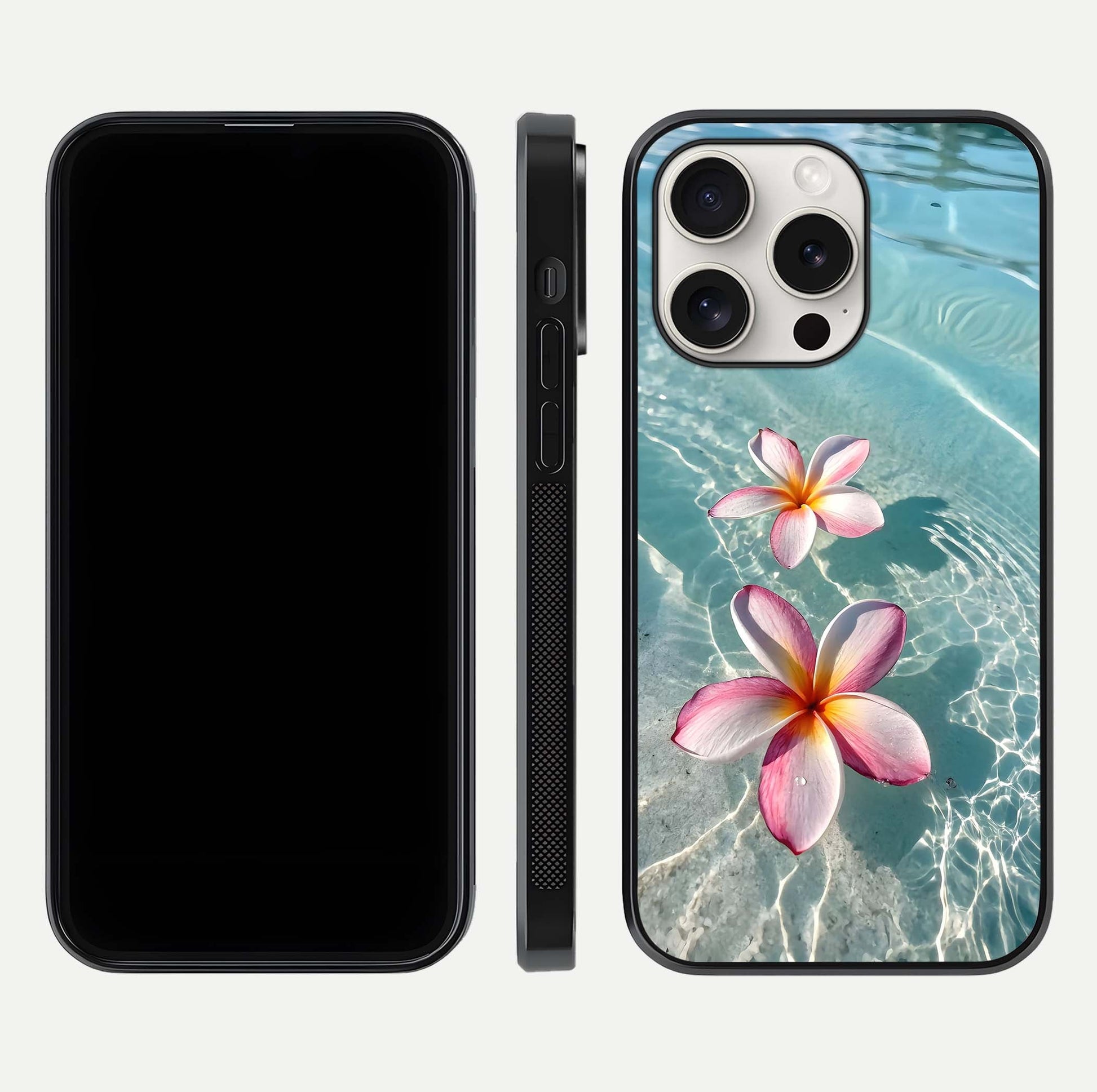 Floating Bloom Bliss Glass Case for iPhone 15 Pro Max dual-view layout displaying soft pastel flowers and curved glass