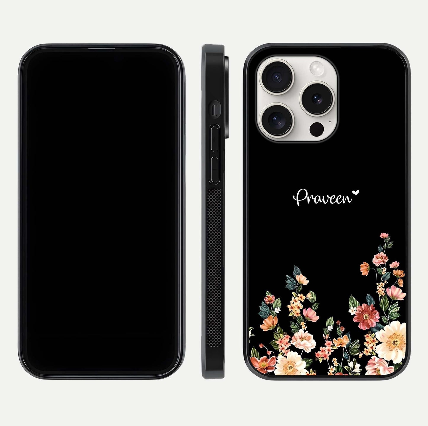 Floral Design Personalized Custom Name Glass Case for iPhone 15 Pro Max dual-view layout displaying artistic tones and curved finish