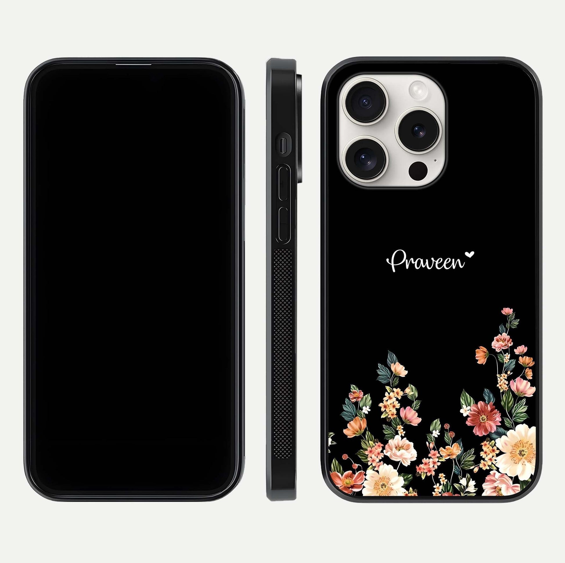 Floral Design Personalized Custom Name Glass Case for iPhone 15 Pro Max dual-view layout displaying artistic tones and curved finish