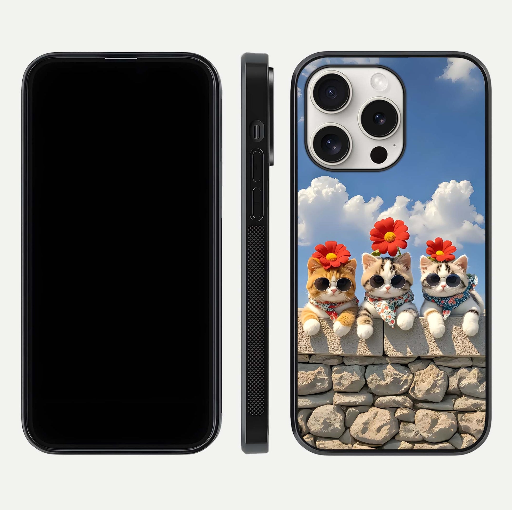 Floral Kitty Squad Glass Case for iPhone 15 Pro Max dual-view layout displaying vibrant tones and smooth edges