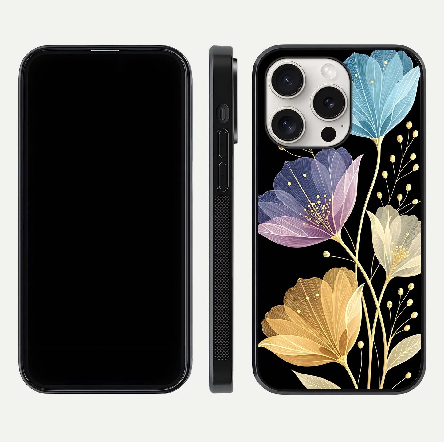 Flower Bloom Glow Glass Case for iPhone 15 Pro Max dual-view layout displaying petal tones and curved glass edge