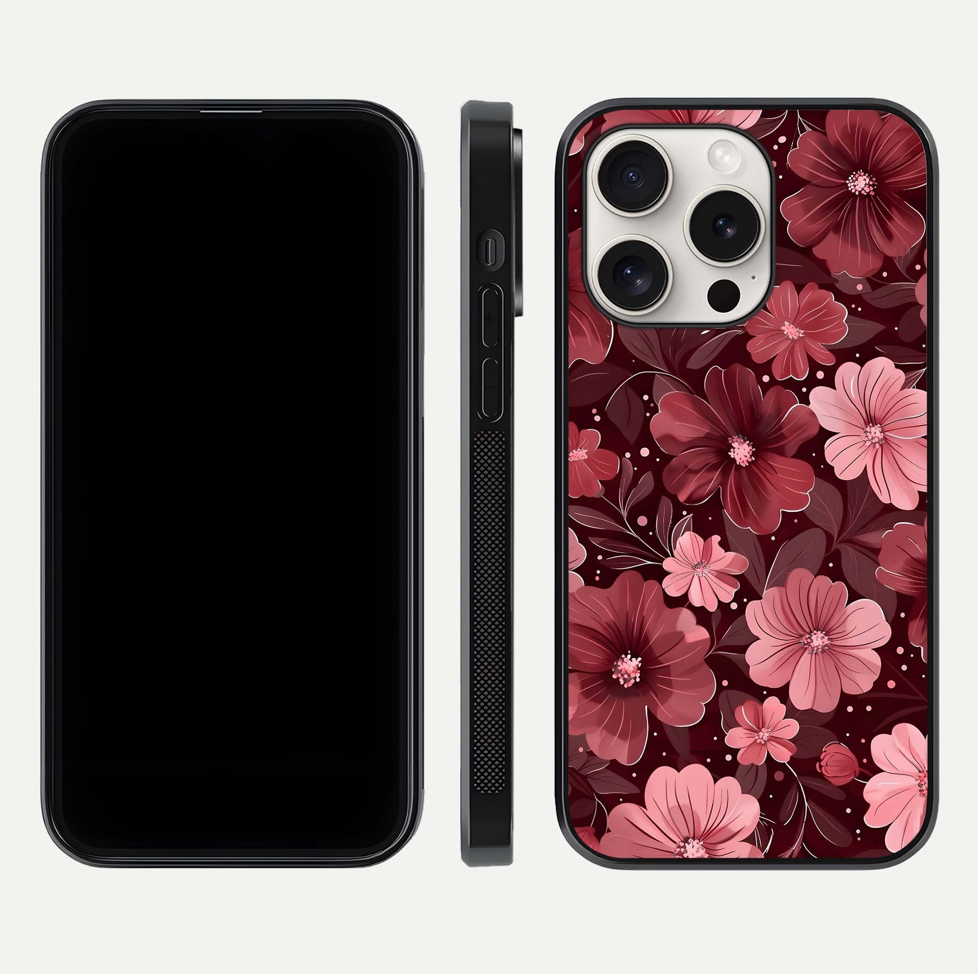 Flower Blush Bloom Glass Case for iPhone 15 Pro Max dual-view layout displaying HD print and smooth curves