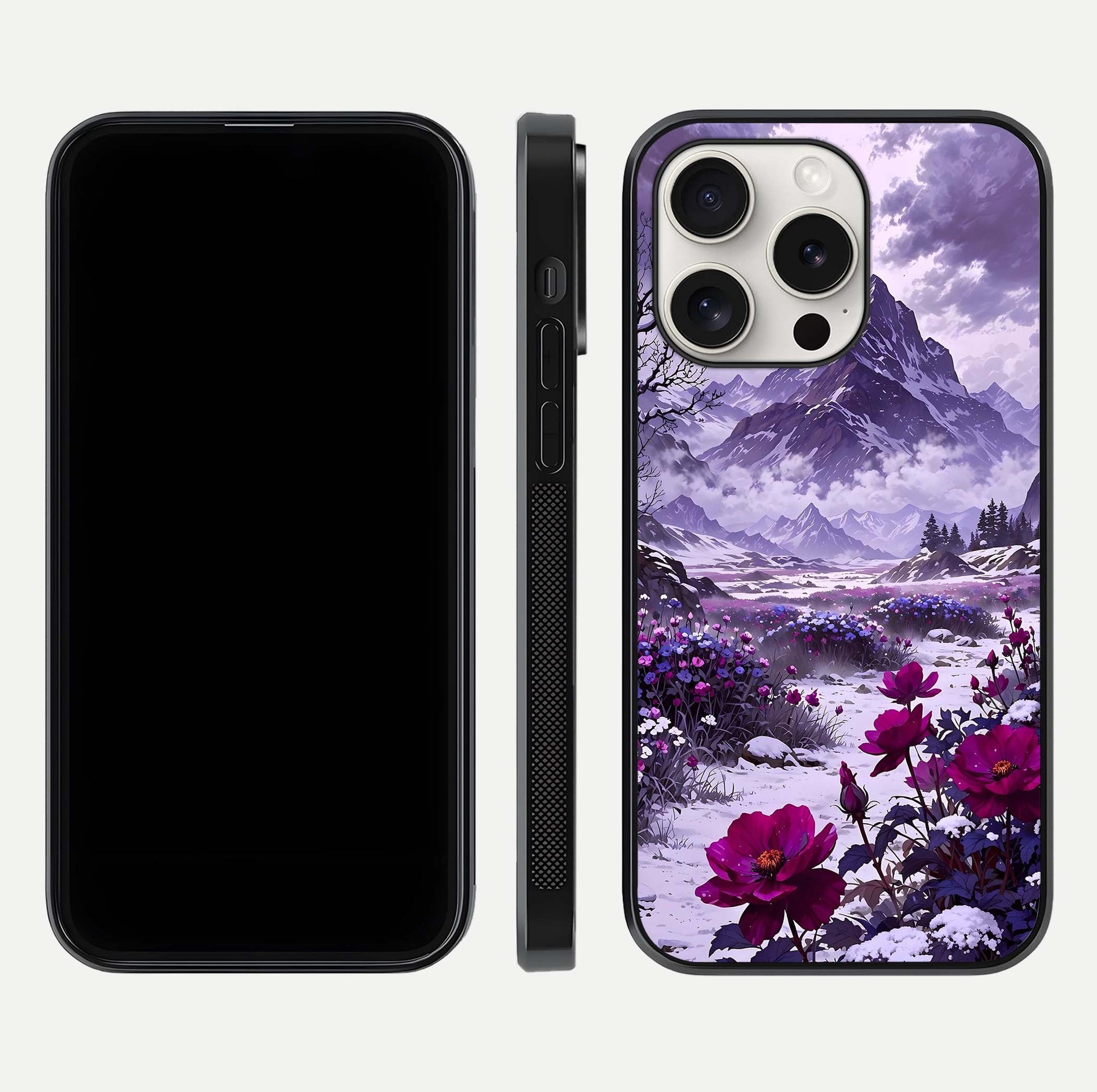 Flower Mountain View Glass Case for iPhone 15 Pro Max dual-view layout displaying scenic tones and curved glass finish
