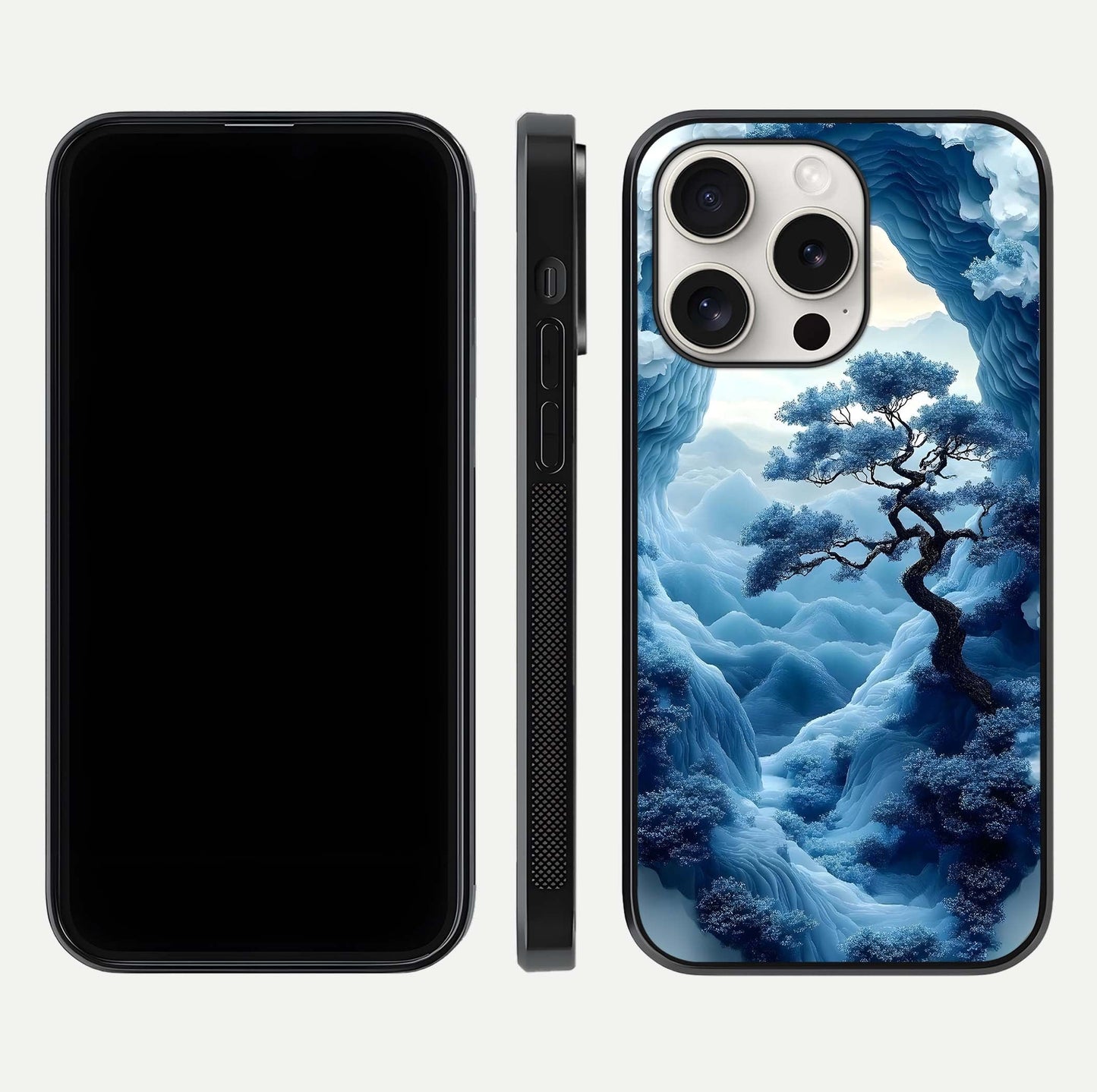 Frozen Serenity Gate Glass Case for iPhone 15 Pro Max dual-view layout displaying winter theme and smooth curves