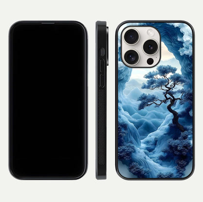Frozen Serenity Gate Glass Case for iPhone 15 Pro Max dual-view layout displaying winter theme and smooth curves