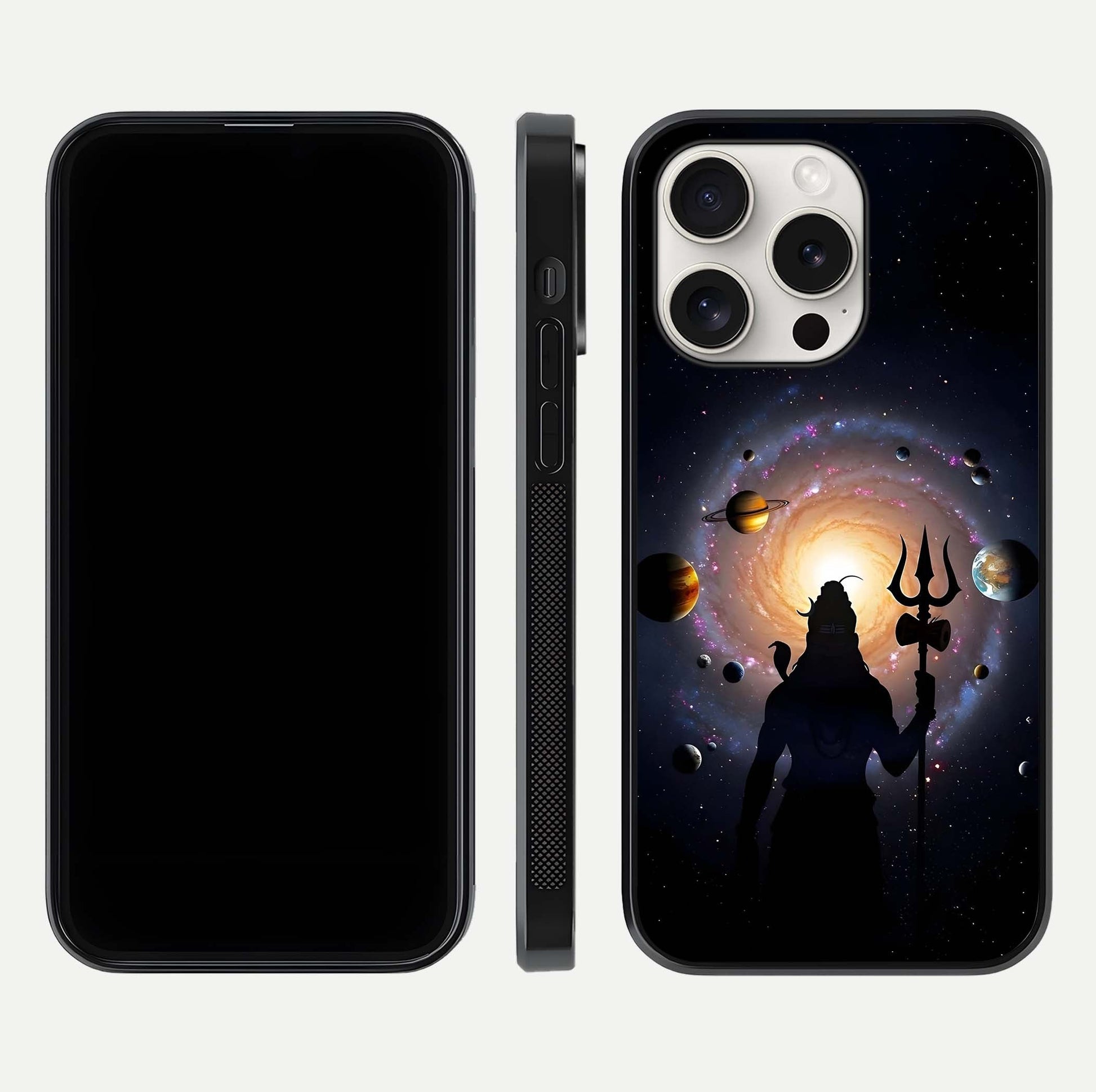 Galactic Shiva Vision Glass Case for iPhone 15 Pro Max front and back view layout showing celestial background and polished curved glass