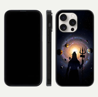 Galactic Shiva Vision Glass Case for iPhone 15 Pro Max front and back view layout showing celestial background and polished curved glass