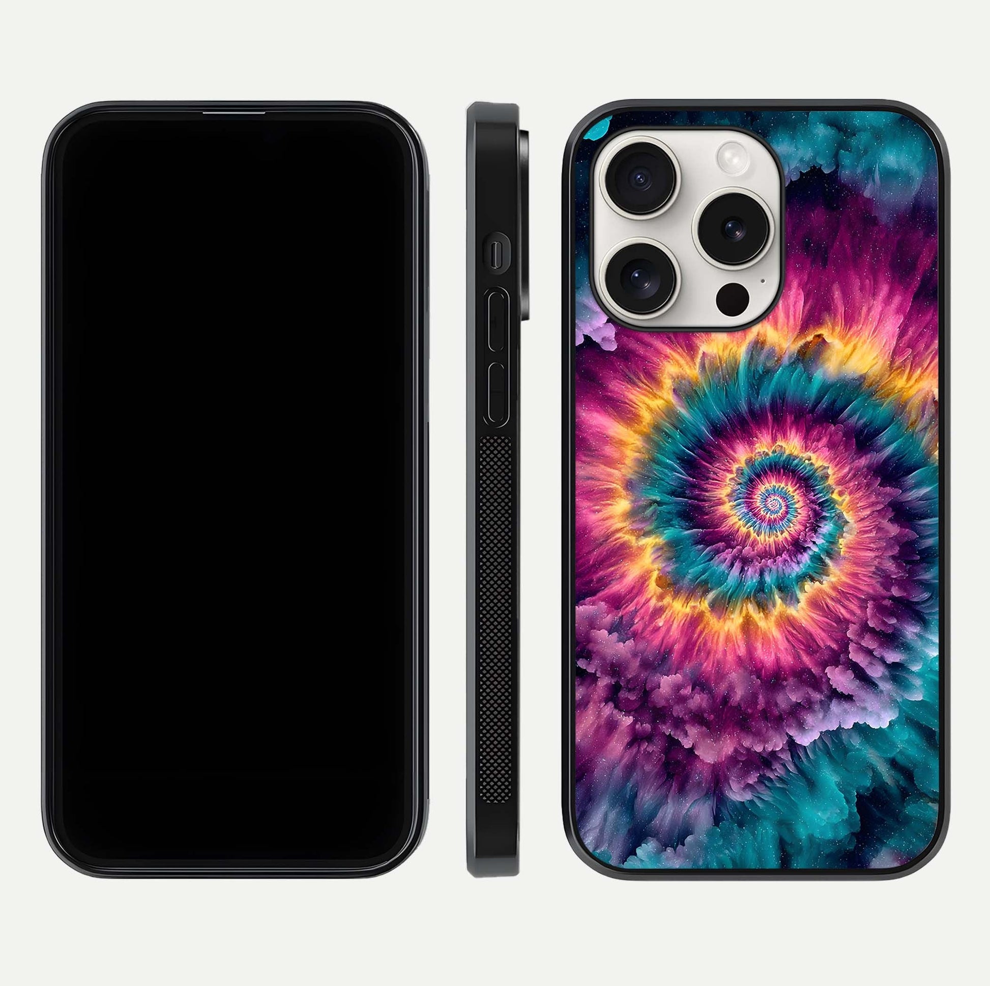 Galactic Spiral Burst Glass Case for iPhone 15 Pro Max front and back view layout highlighting cosmic swirl and curved edges