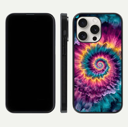 Galactic Spiral Burst Glass Case for iPhone 15 Pro Max front and back view layout highlighting cosmic swirl and curved edges