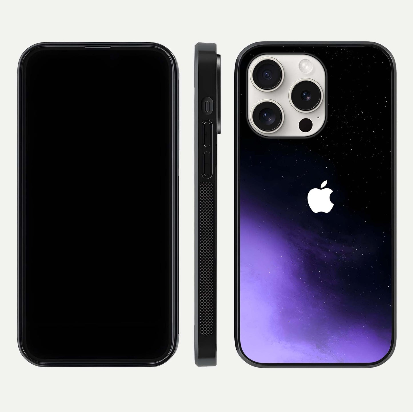 Galaxy Apple Aura Glass Case for iPhone 15 Pro Max front and back view layout displaying cosmic tones and premium curved glass edges