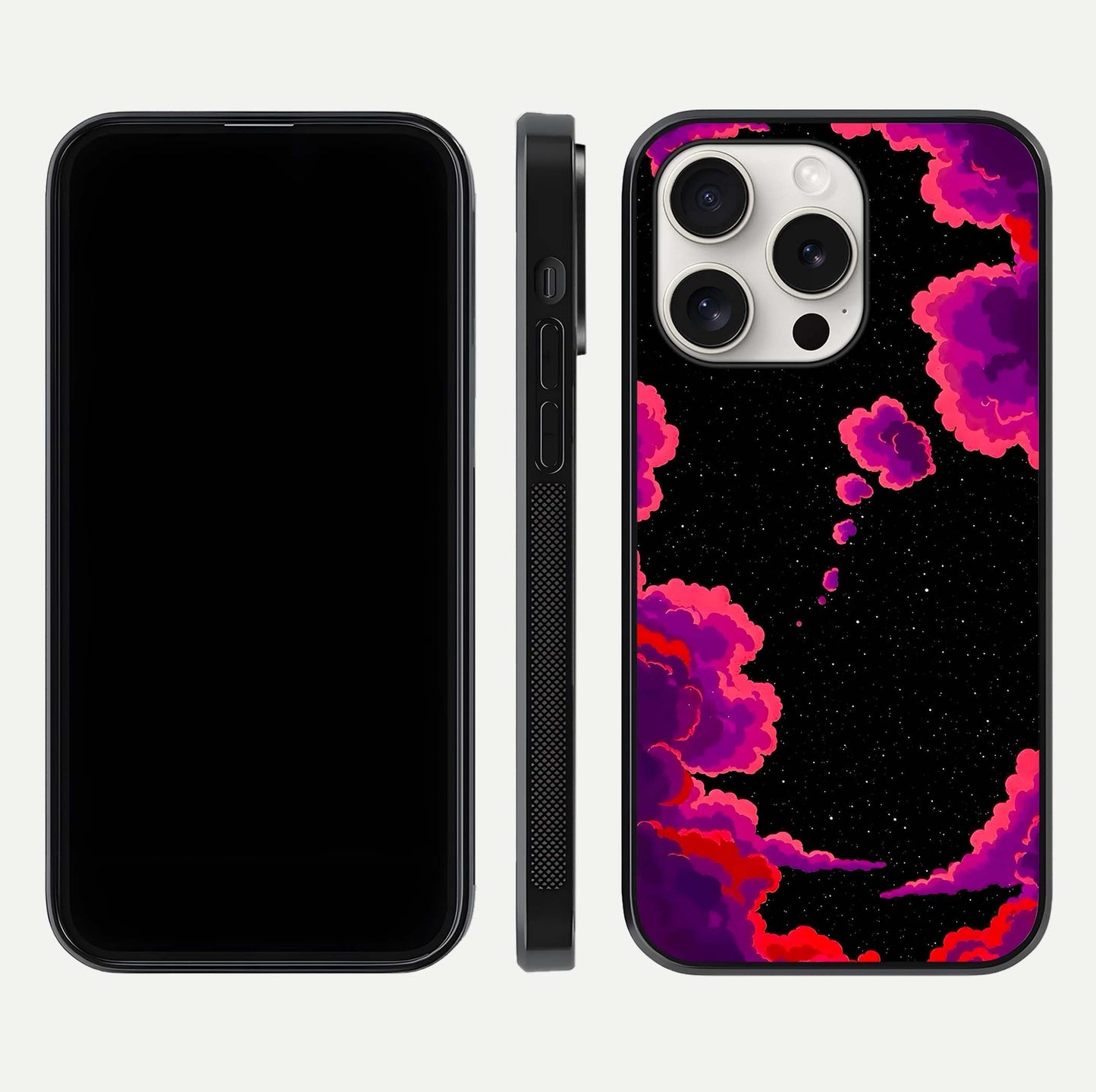 Galaxy Dream Frame Glass Case for iPhone 15 Pro Max front and back view layout highlighting cosmic design and smooth glass curvature