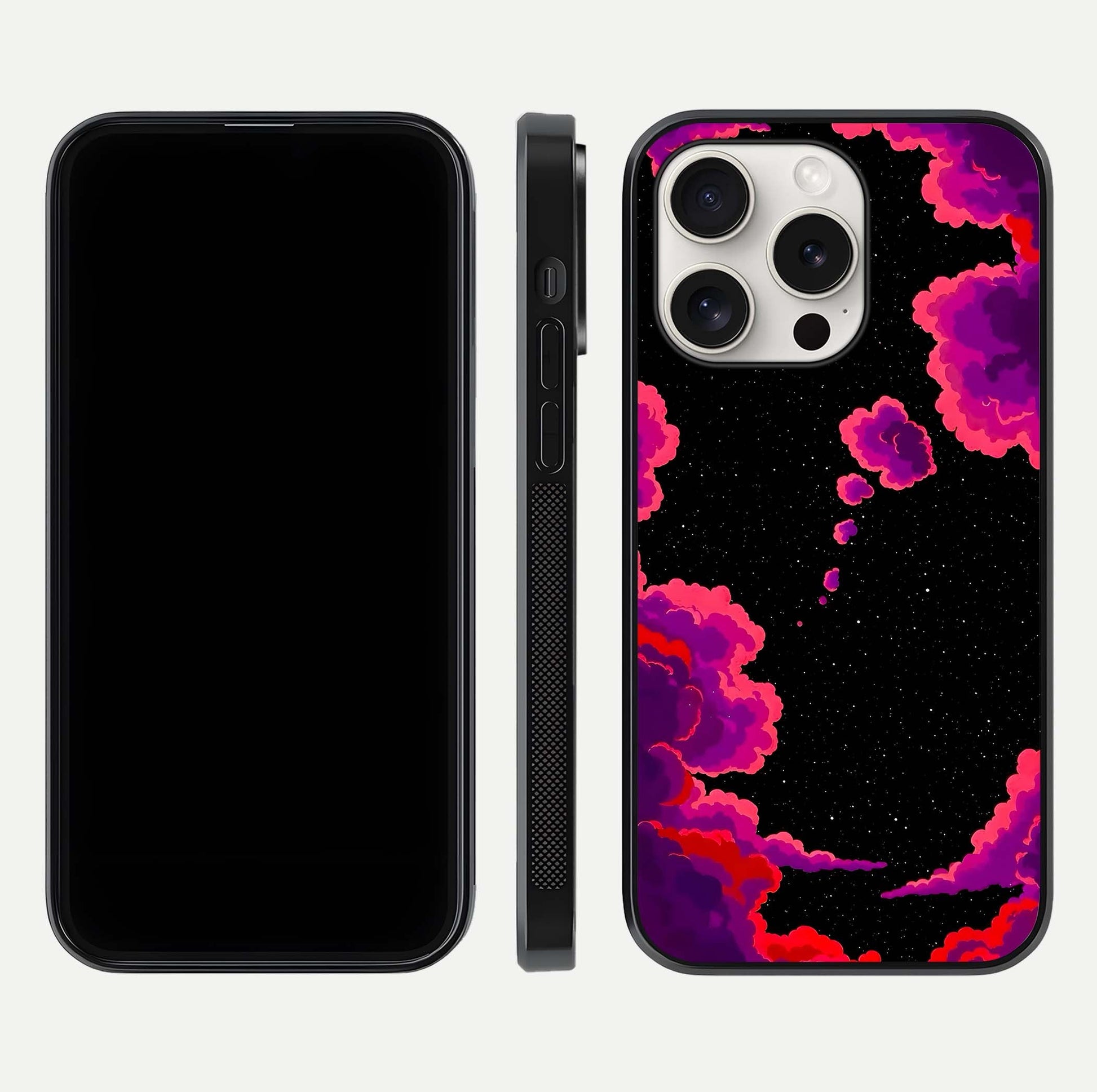 Galaxy Dream Frame Glass Case for iPhone 15 Pro Max front and back view layout highlighting cosmic design and smooth glass curvature