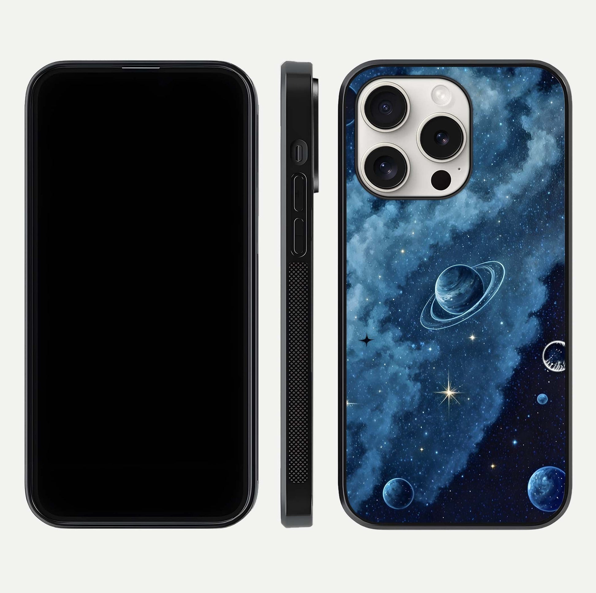 Galaxy Dream Space Glass Case for iPhone 15 Pro Max front and back view layout showing deep-space tones and curved edges