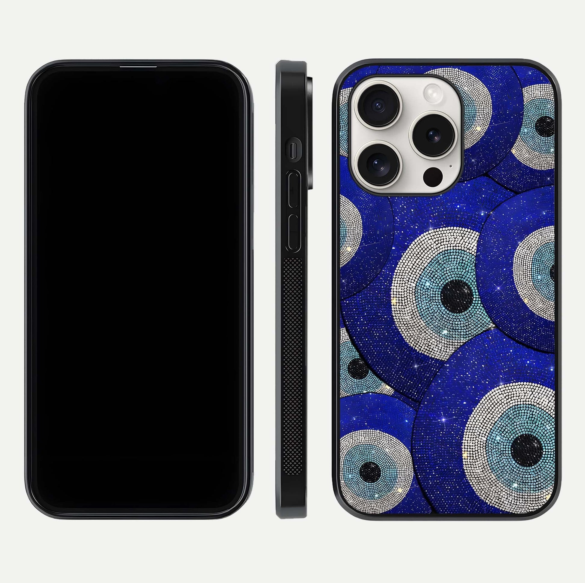 Galaxy Eye Flow Glass Case for iPhone 15 Pro Max front and back view layout displaying cosmic art and curved glass borders