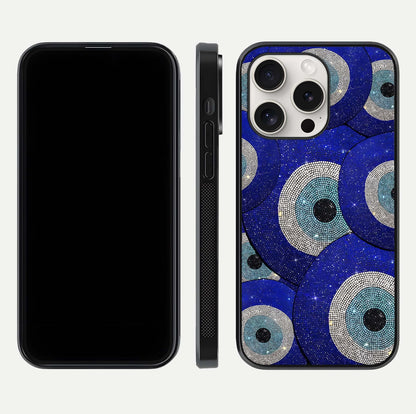Galaxy Eye Flow Glass Case for iPhone 15 Pro Max front and back view layout displaying cosmic art and curved glass borders