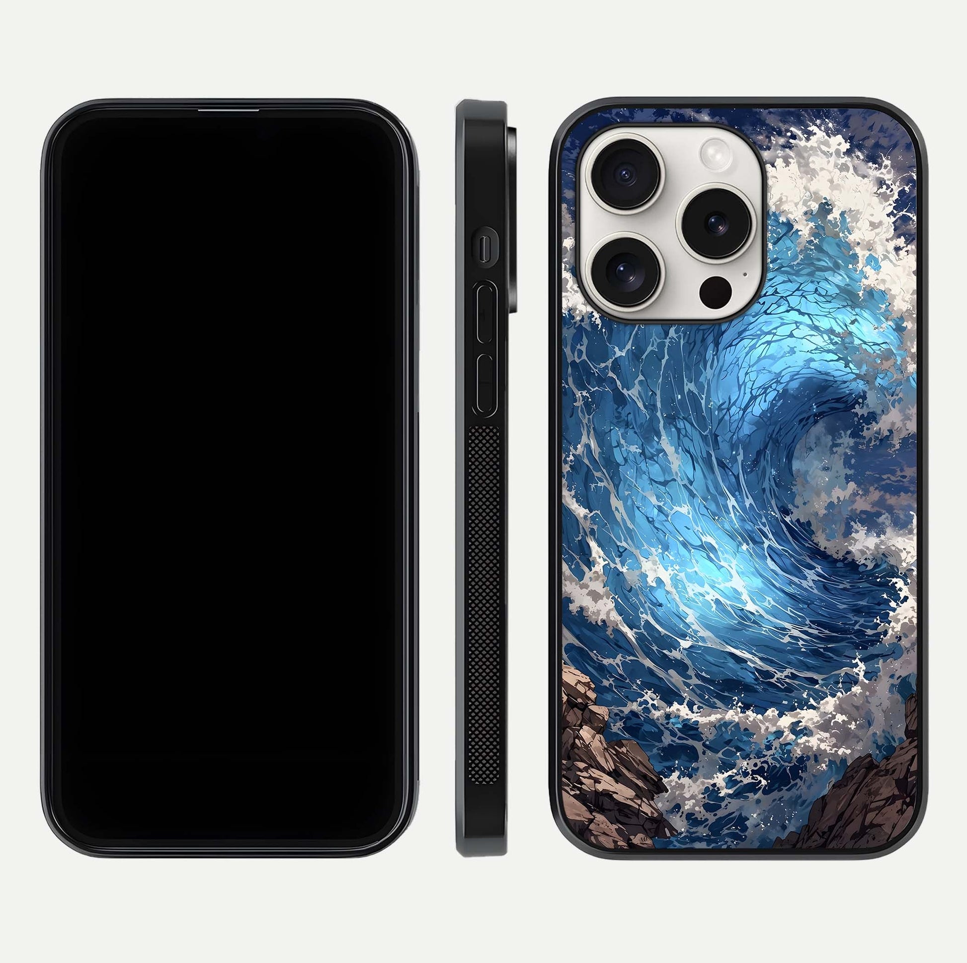 Giant Ocean Wave Glass Case for iPhone 15 Pro Max front and back view layout displaying sea tones and smooth curved edges