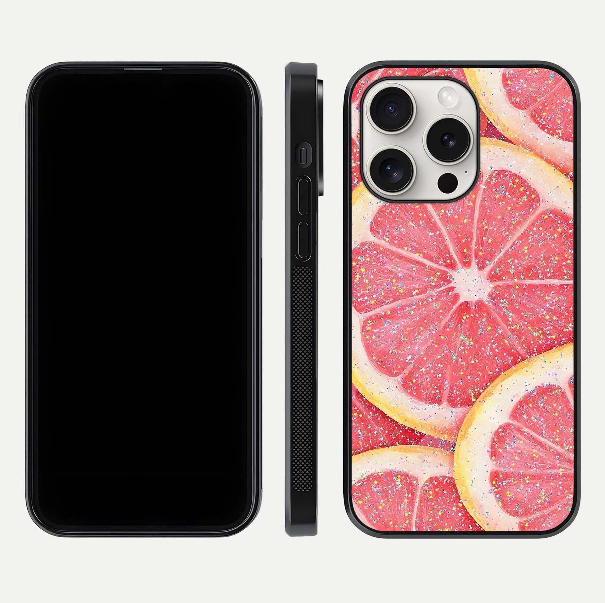 Glitter Grapefruit Glass Case for iPhone 15 Pro Max front and back view layout highlighting citrus hues and smooth glass