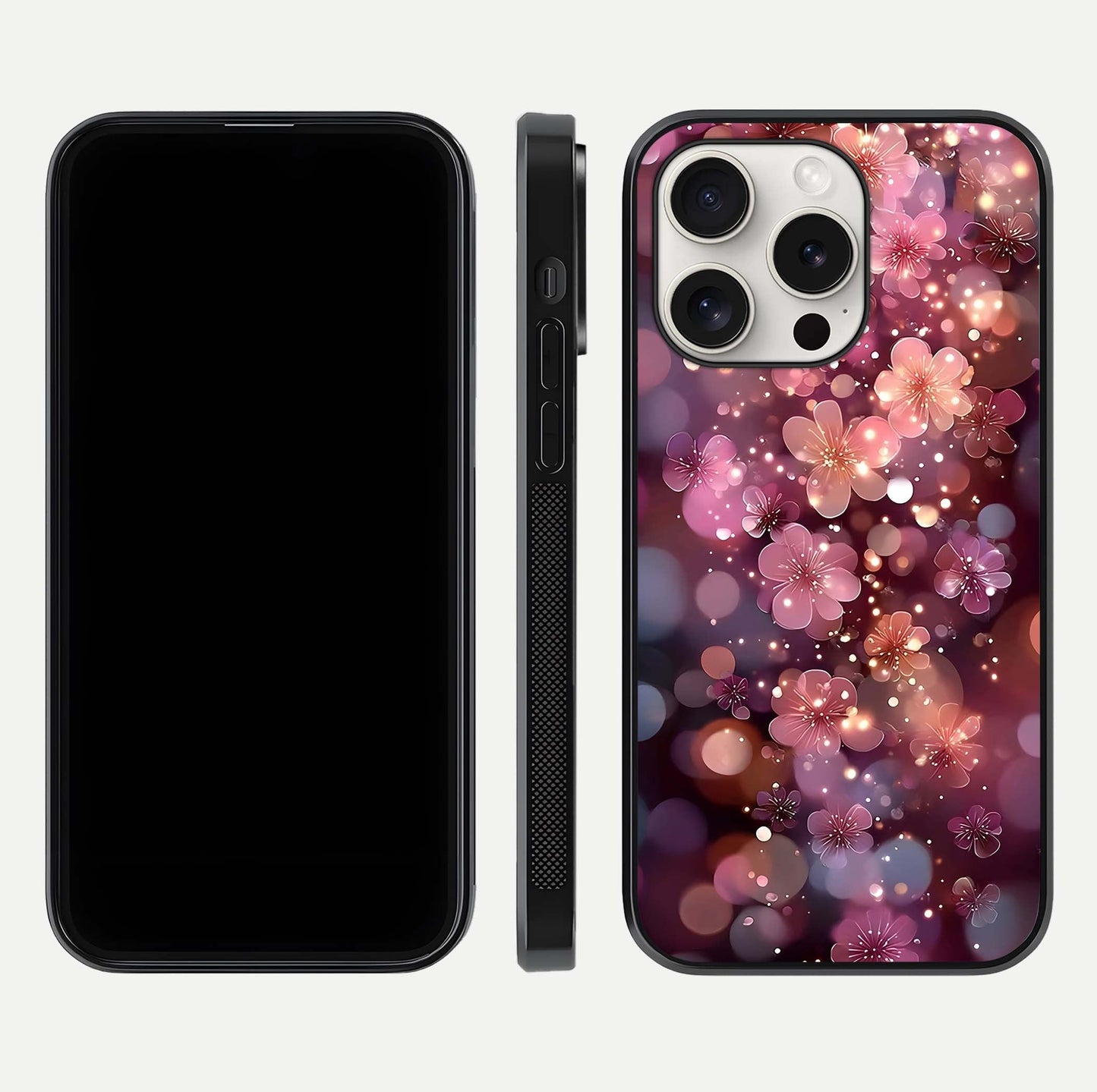 Glowing Petal Bliss Glass Case for iPhone 15 Pro Max front and back view layout displaying artistic floral design and curved glass