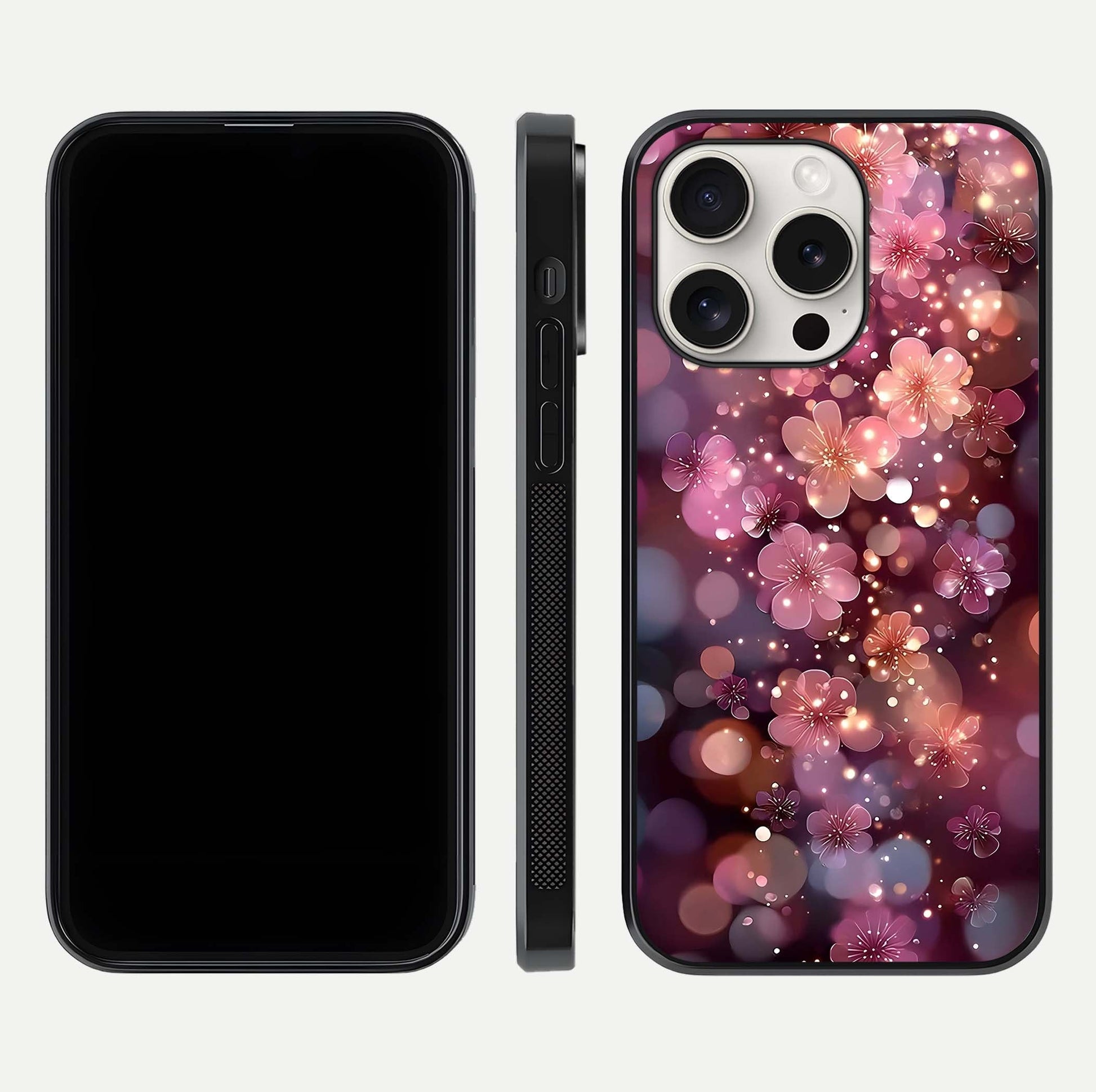 Glowing Petal Bliss Glass Case for iPhone 15 Pro Max front and back view layout displaying artistic floral design and curved glass