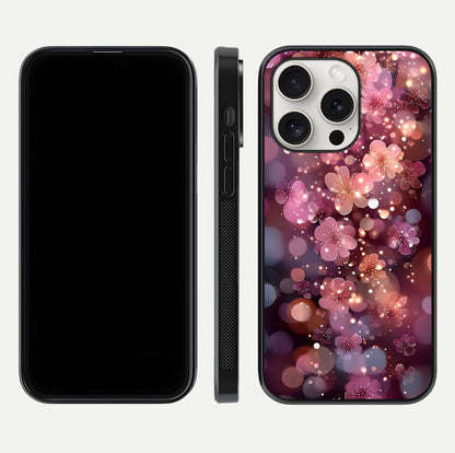 Glowing Petal Bliss Glass Case for iPhone 15 Pro Max front and back view layout displaying artistic floral design and curved glass