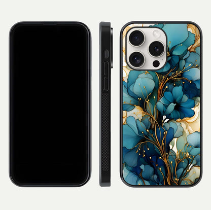 Golden Bloom Symphony Glass Case for iPhone 15 Pro Max front and back view layout highlighting rich floral tones and curved glass edges