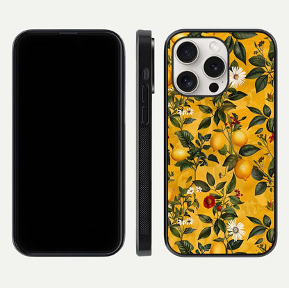 Golden Lemon Field Glass Case for iPhone 15 Pro Max front and back view layout highlighting fruity tones and curved glass edges