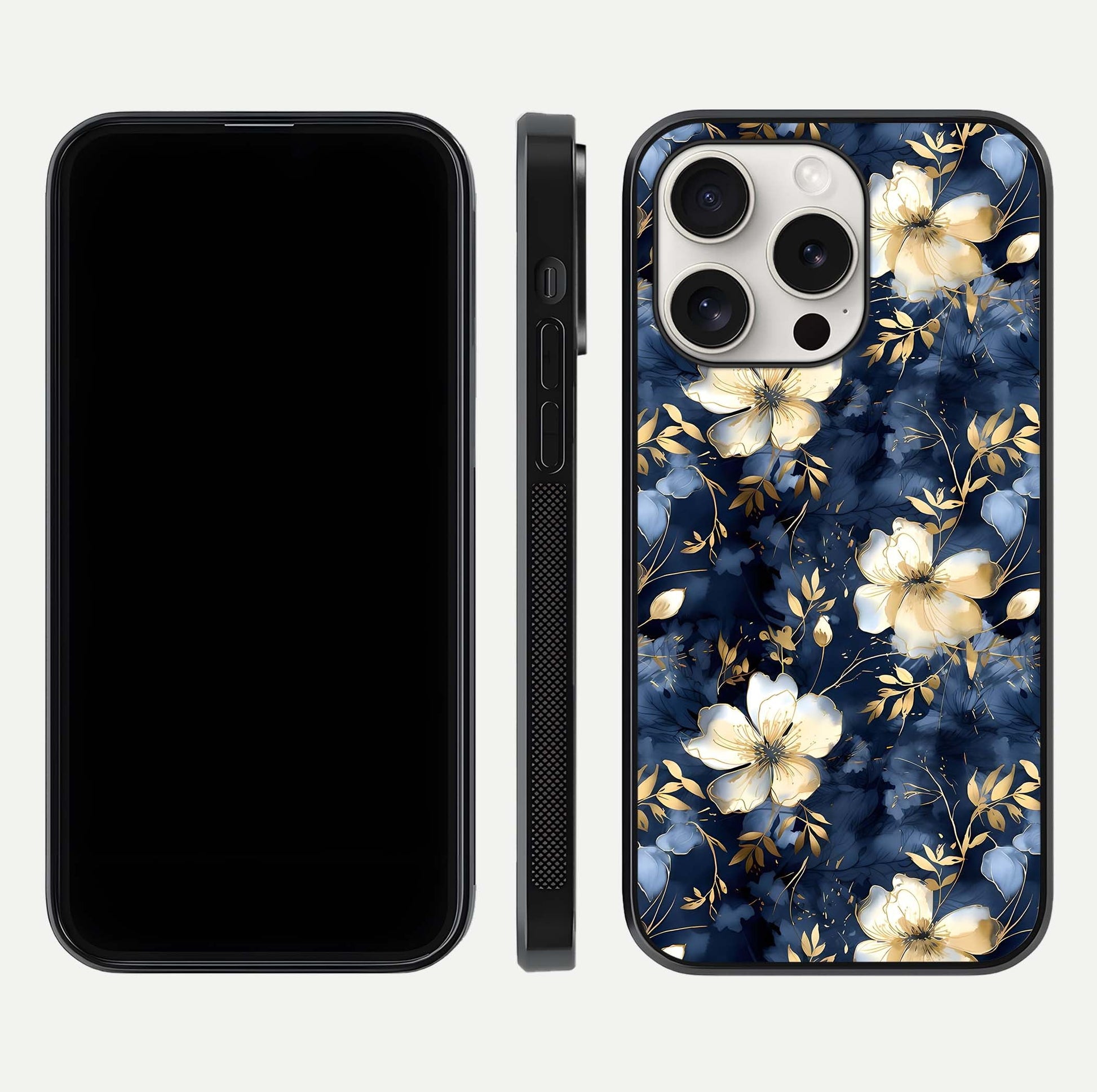 Golden Midnight Bloom Glass Case for iPhone 15 Pro Max front and back view layout highlighting dark-gold tones and smooth curves