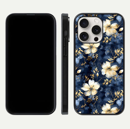 Golden Midnight Bloom Glass Case for iPhone 15 Pro Max front and back view layout highlighting dark-gold tones and smooth curves