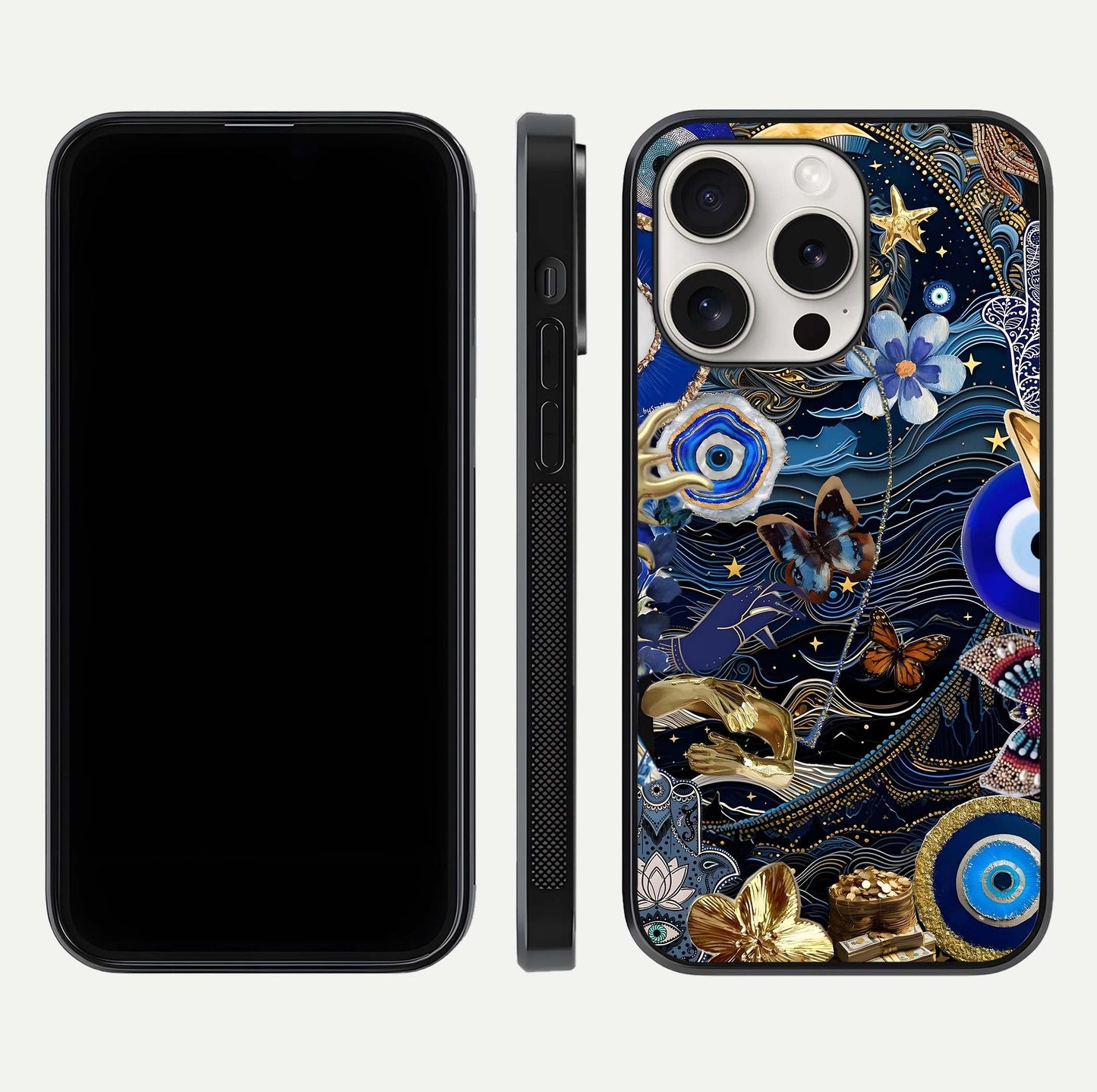 Golden Moon Magic Glass Case for iPhone 15 Pro Max front and back view layout highlighting celestial tones and curved glass