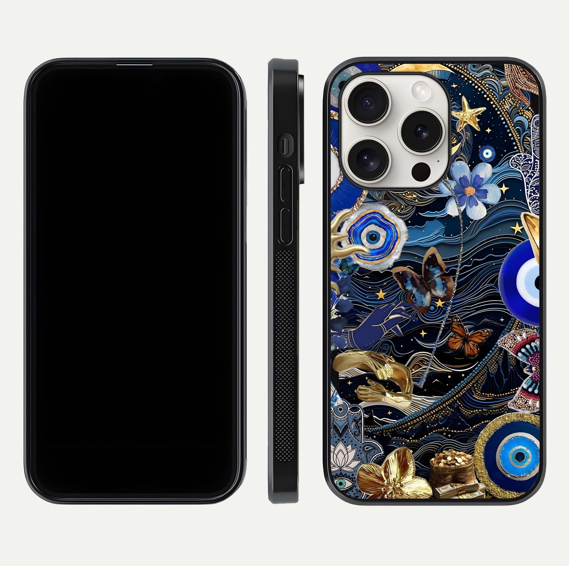 Golden Moon Magic Glass Case for iPhone 15 Pro Max front and back view layout highlighting celestial tones and curved glass