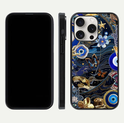 Golden Moon Magic Glass Case for iPhone 15 Pro Max front and back view layout highlighting celestial tones and curved glass