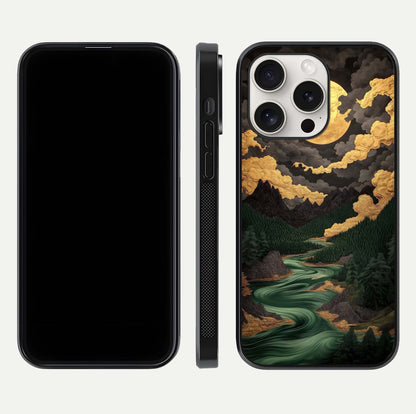 Golden River Moon Glass Case for iPhone 15 Pro Max front and back view layout displaying celestial glow and smooth curves