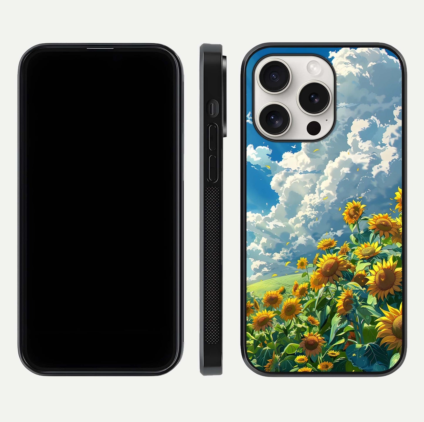 Golden Sun Glory Glass Case for iPhone 15 Pro Max front and back view layout displaying bright golden tones and curved edges