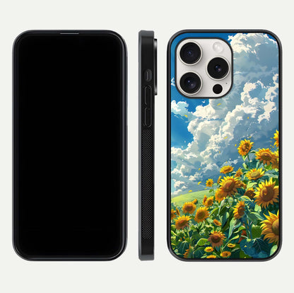 Golden Sun Glory Glass Case for iPhone 15 Pro Max front and back view layout displaying bright golden tones and curved edges