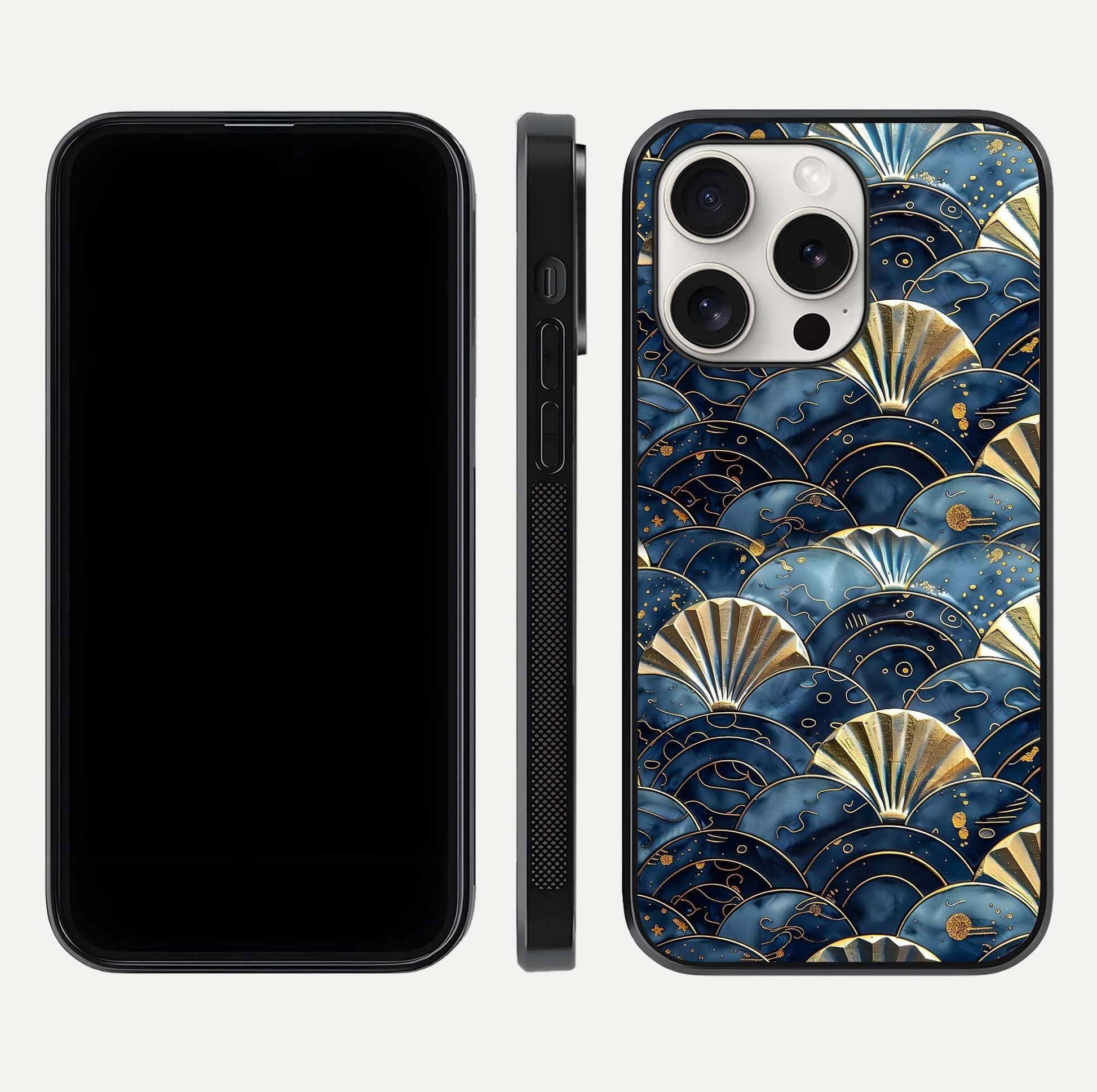 Golden Wave Luxe Glass Case for iPhone 15 Pro Max front and back view layout highlighting fluid gold design and curved glass
