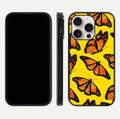 Golden Wing Flight Glass Case for iPhone 15 Pro Max front and back view layout highlighting graceful lines and curved glass
