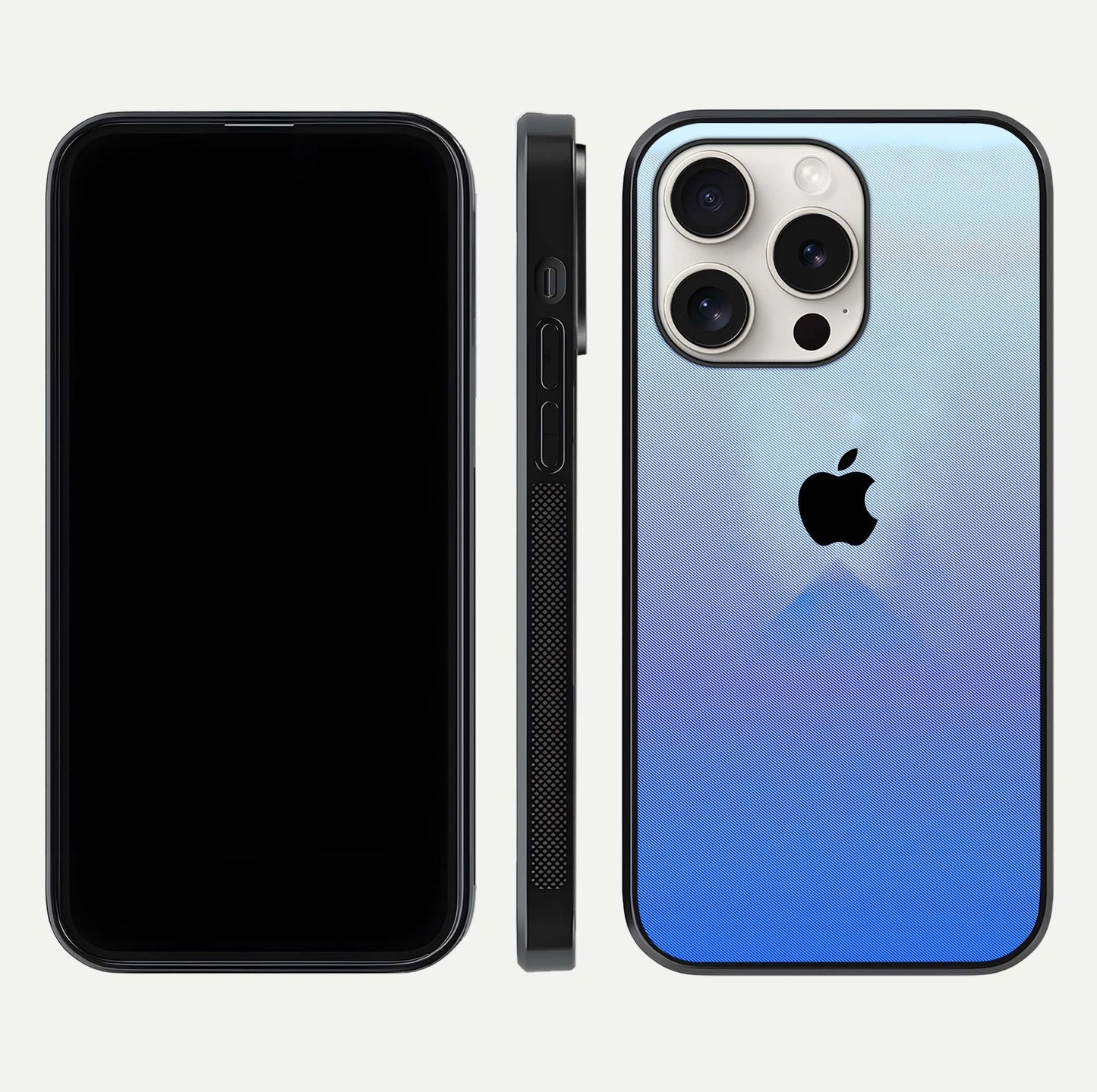 Gradient Apple Vibe Glass Case for iPhone 15 Pro Max front and back view layout highlighting minimalist Apple design and curved edges