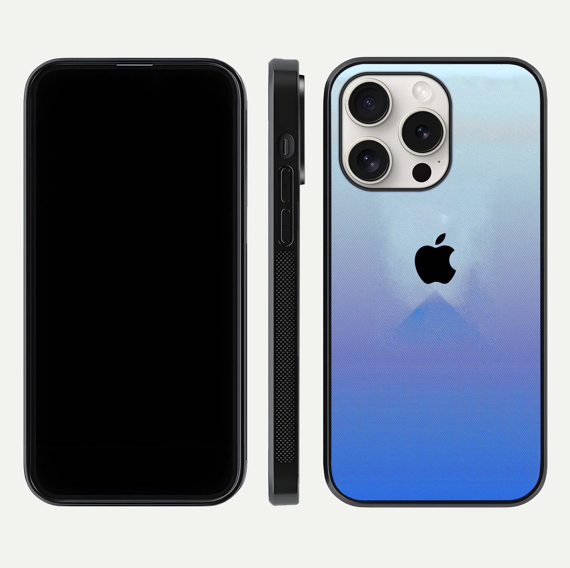 Gradient Apple Vibe Glass Case for iPhone 15 Pro Max front and back view layout highlighting minimalist Apple design and curved edges