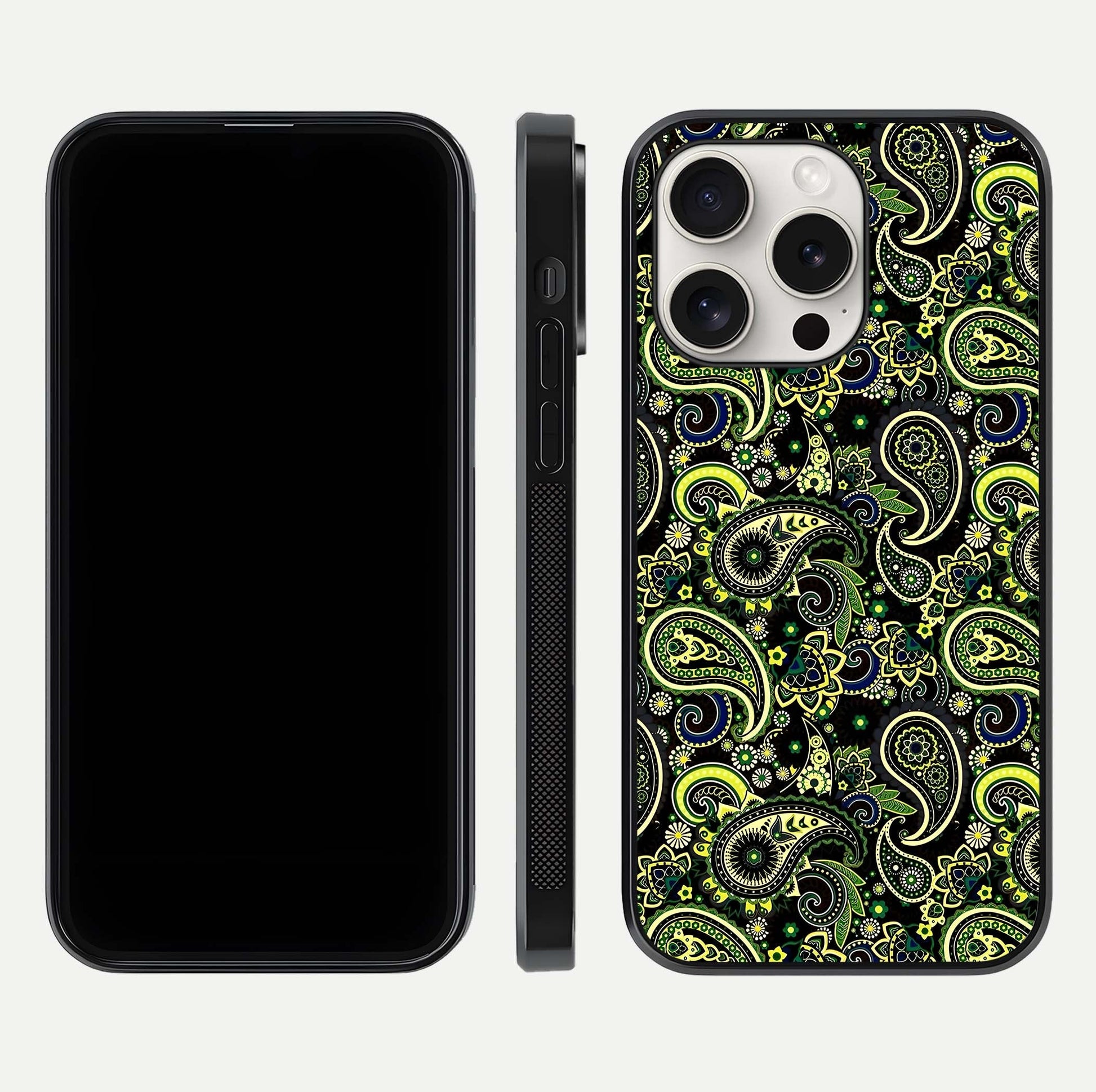 Green Mandala Pattern Glass Case for iPhone 15 Pro Max front and back view layout highlighting geometric art and curved glass